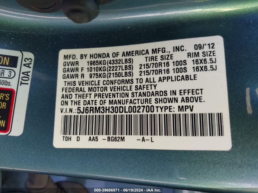 2013 Honda Cr-V Lx VIN: 5J6RM3H30DL002700 Lot: 39686971