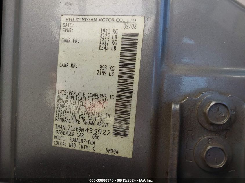 2009 Nissan Altima 2.5/2.5S VIN: 1N4AL21E69N435922 Lot: 39686976