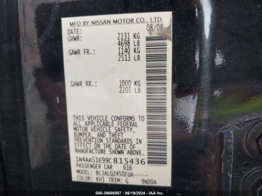 2009 Nissan Maxima 3.5 S VIN: 1N4AA51E99C815436 Lot: 39686987