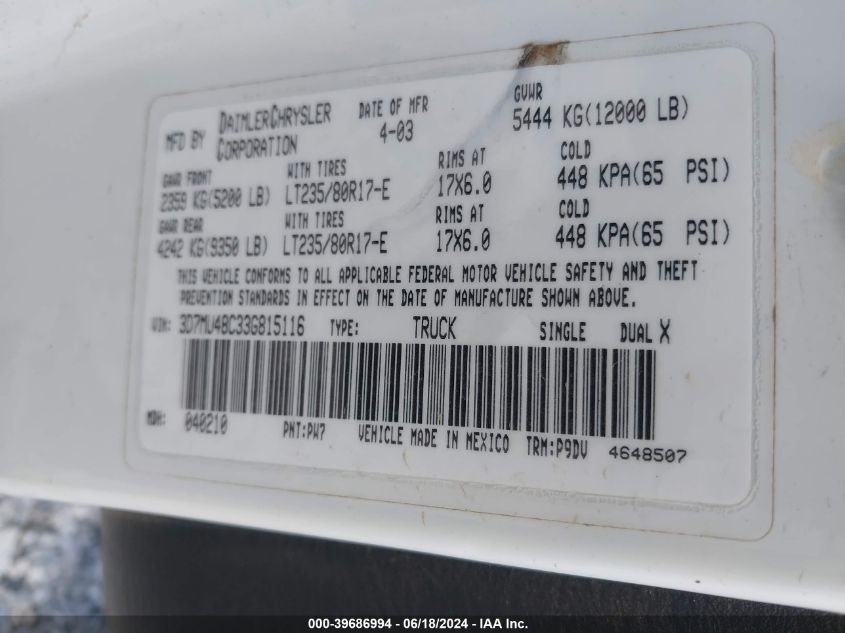 2003 Dodge Ram 3500 Slt/Laramie/St VIN: 3D7MU48C33G815116 Lot: 39686994