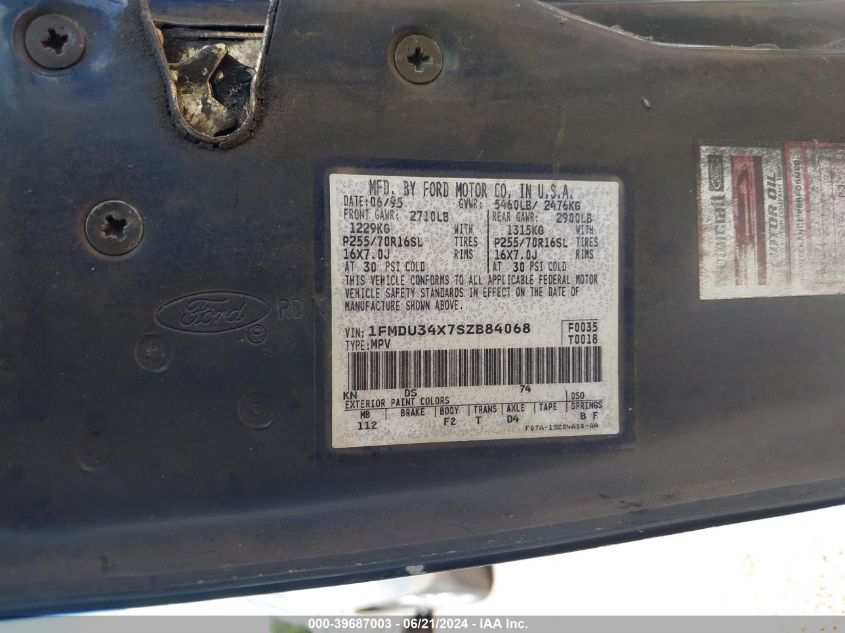 1995 Ford Explorer VIN: 1FMDU34X7SZB84068 Lot: 39687003