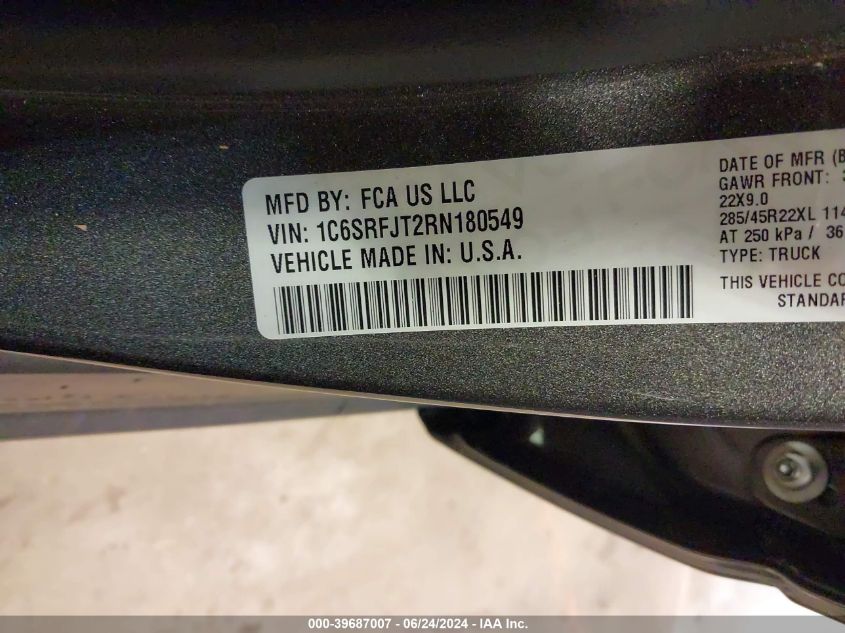 2024 Ram 1500 Laramie 4X4 5'7 Box VIN: 1C6SRFJT2RN180549 Lot: 39687007