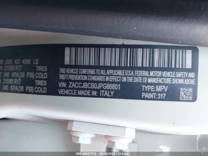 2018 Jeep Renegade Trailhawk VIN: ZACCJBCB0JPG86801 Lot: 39687018