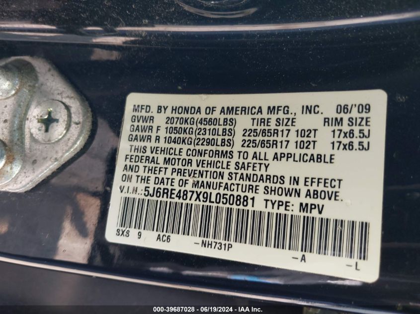 2009 Honda Cr-V Ex-L VIN: 5J6RE487X9L050881 Lot: 39687028