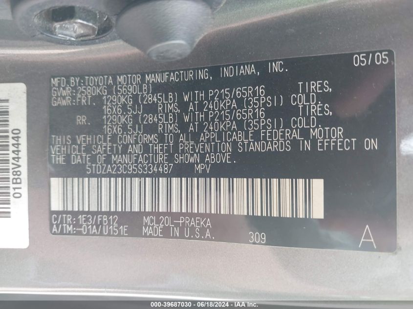 2005 Toyota Sienna Le VIN: 5TDZA23C95S334487 Lot: 39687030