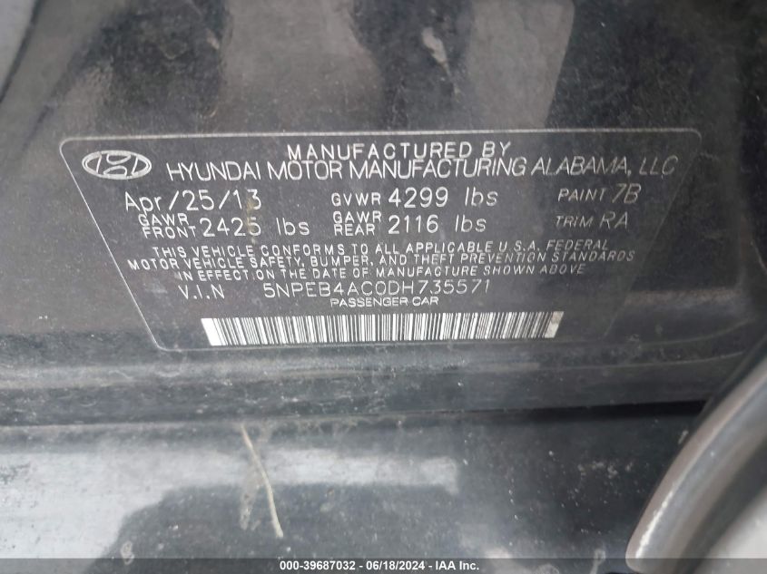2013 Hyundai Sonata Gls VIN: 5NPEB4AC0DH735571 Lot: 39687032