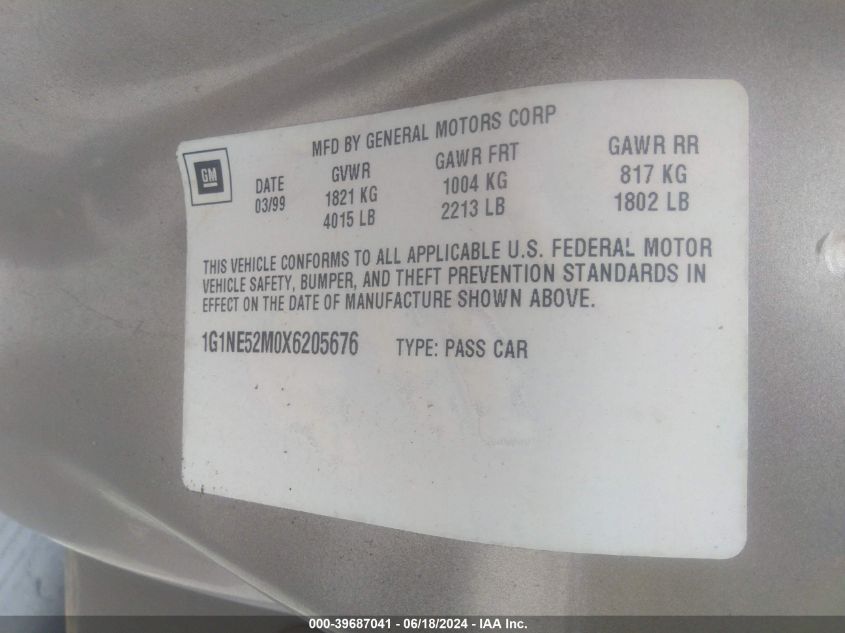 1999 Chevrolet Malibu Ls VIN: 1G1NE52M0X6205676 Lot: 39687041