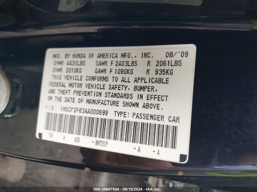 2010 Honda Accord 2.4 Ex-L VIN: 1HGCP2F83AA000699 Lot: 39687044