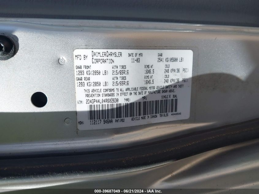 2004 Dodge Grand Caravan Sxt VIN: 2D4GP44L04R602630 Lot: 39687049