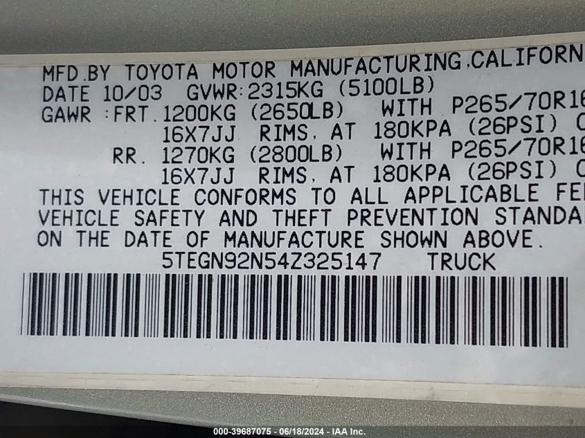 2004 Toyota Tacoma Prerunner V6 VIN: 5TEGN92N54Z325147 Lot: 39687075