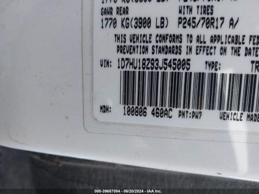 2003 Dodge Ram 1500 Slt/Laramie/St VIN: 1D7HU18Z93J545005 Lot: 39687084