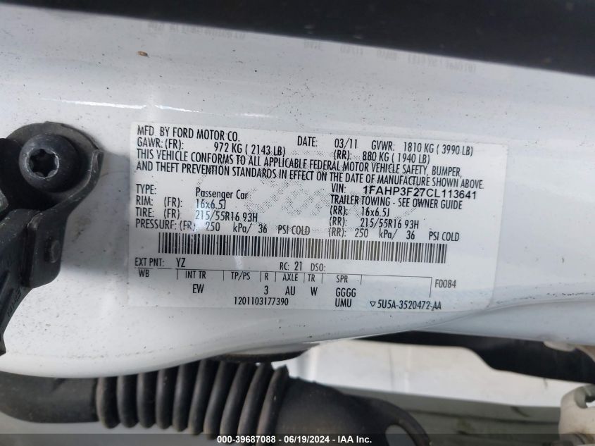 2012 Ford Focus Se VIN: 1FAHP3F27CL113641 Lot: 39687088