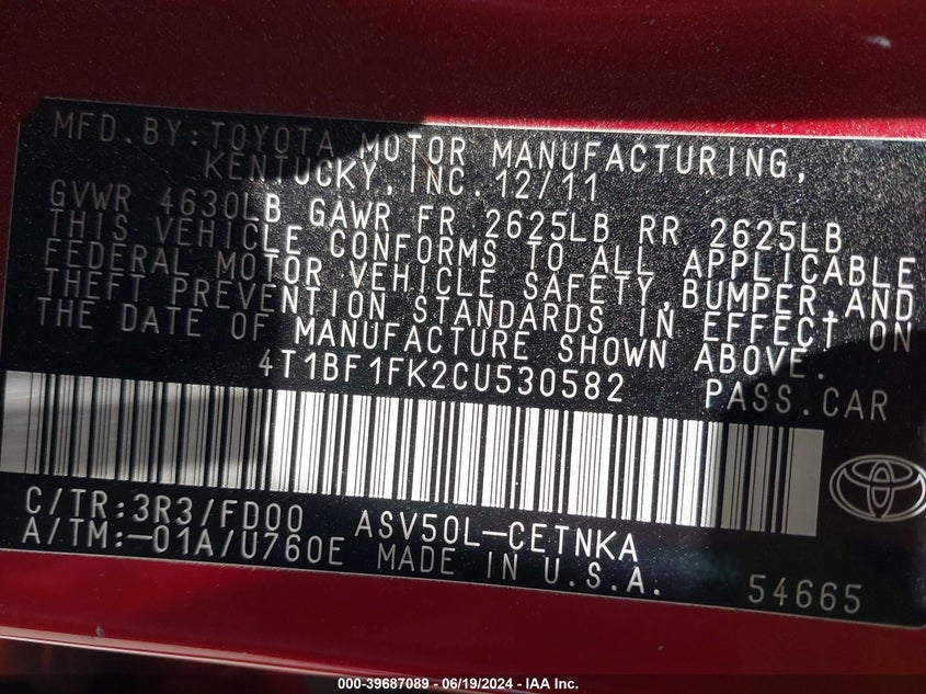 2012 Toyota Camry Se/Le/Xle VIN: 4T1BF1FK2CU530582 Lot: 39687089