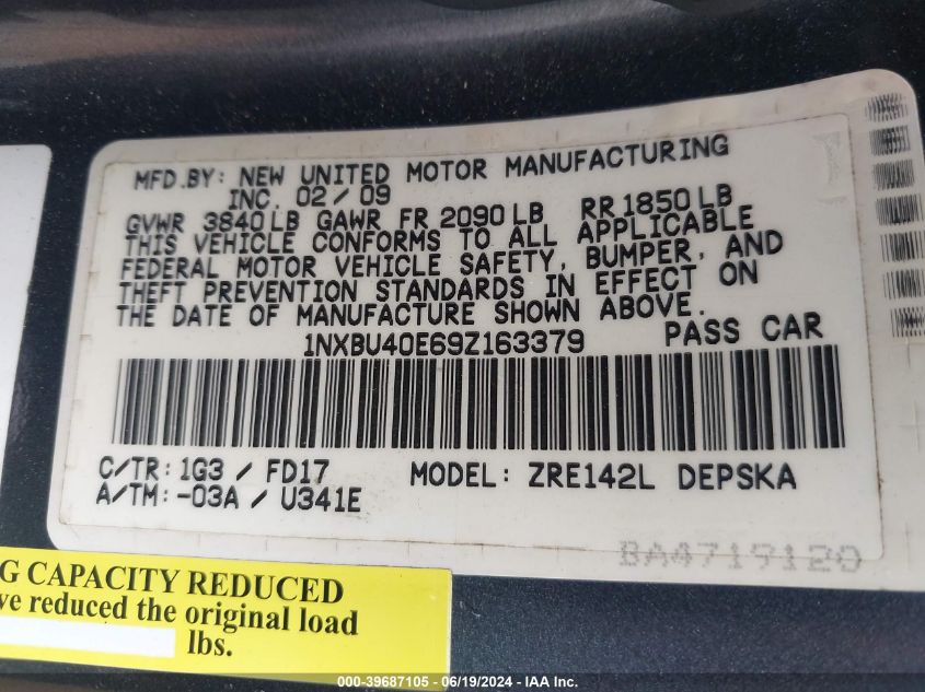 2009 Toyota Corolla S/Le/Xle VIN: 1NXBU40E69Z163379 Lot: 39687105