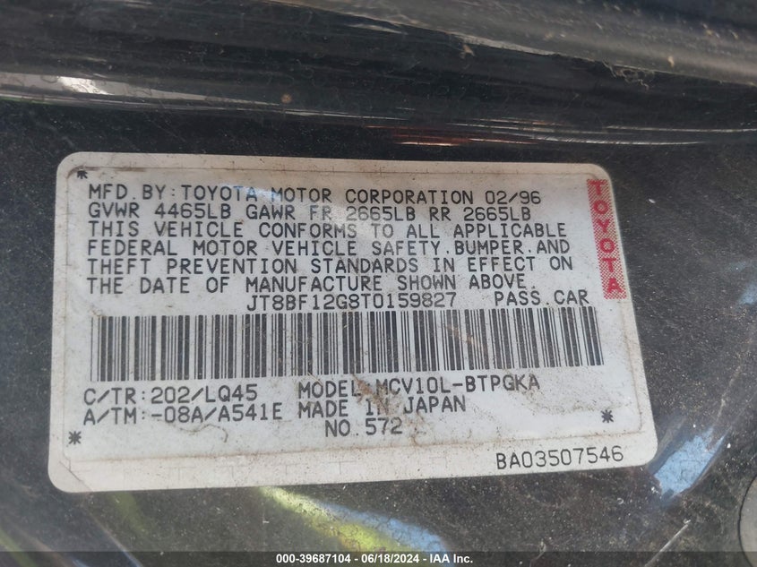 1996 Lexus Es 300 VIN: JT8BF12G8T0159827 Lot: 39687104