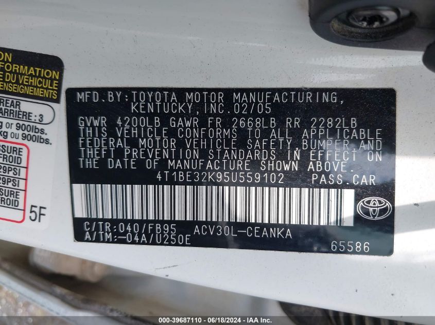 2005 Toyota Camry Le VIN: 4T1BE32K95U559102 Lot: 39687110