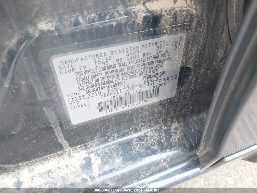 2013 Nissan Sentra Sv VIN: 3N1AB7AP1DL651961 Lot: 39687114