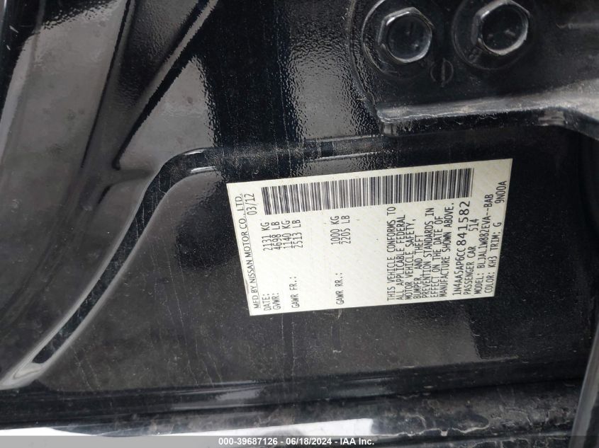 2012 Nissan Maxima 3.5 Sv VIN: 1N4AA5AP6CC841582 Lot: 39687126