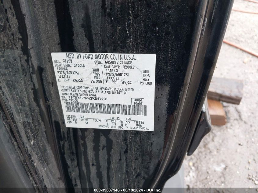 2002 Ford F-150 Lariat/Xl/Xlt VIN: 1FTRX17W42KE41981 Lot: 39687146