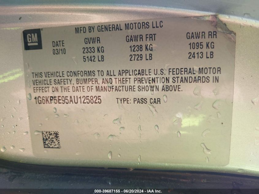 2010 Cadillac Dts Platinum Collection VIN: 1G6KP5E95AU125825 Lot: 39687155