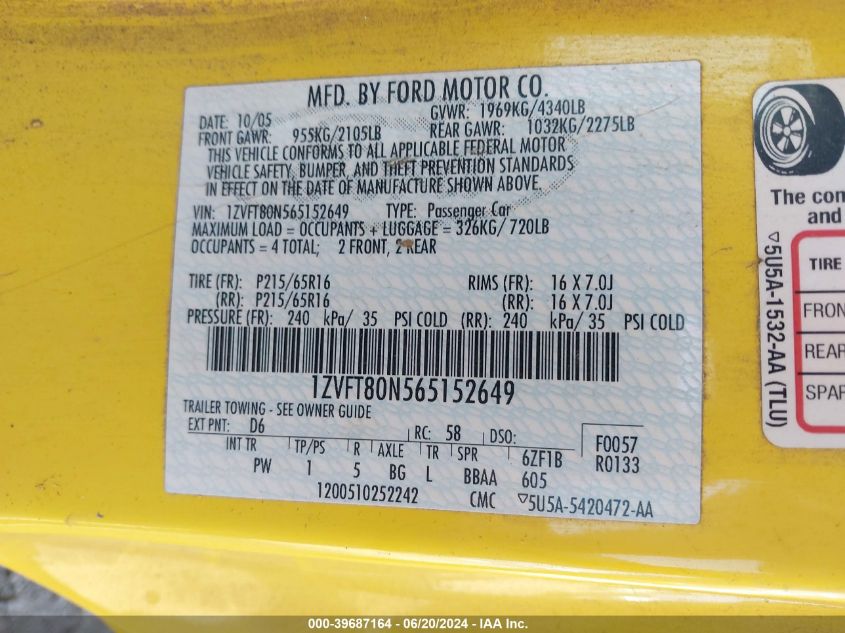 2006 Ford Mustang VIN: 1ZVFT80N565152649 Lot: 39687164