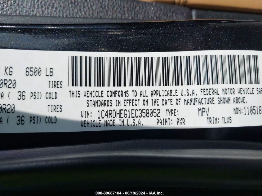 2014 Dodge Durango Citadel VIN: 1C4RDHEG1EC358052 Lot: 39687184