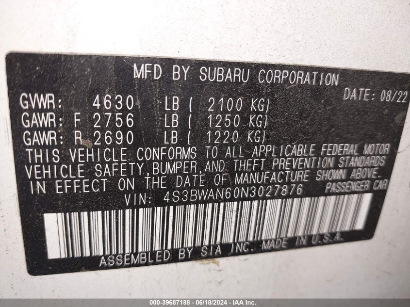 2022 Subaru Legacy Limited VIN: 4S3BWAN60N3027876 Lot: 39687188
