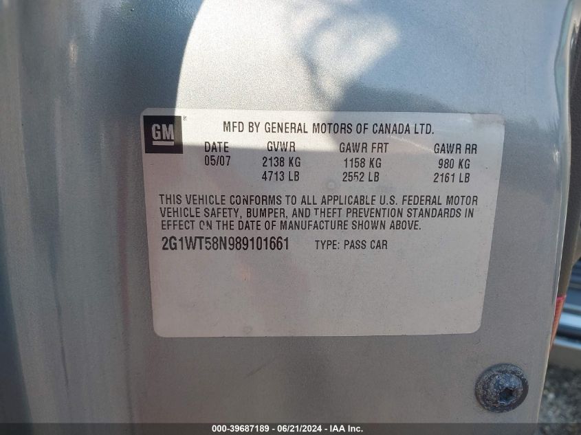 2008 Chevrolet Impala Lt VIN: 2G1WT58N989101661 Lot: 39687189