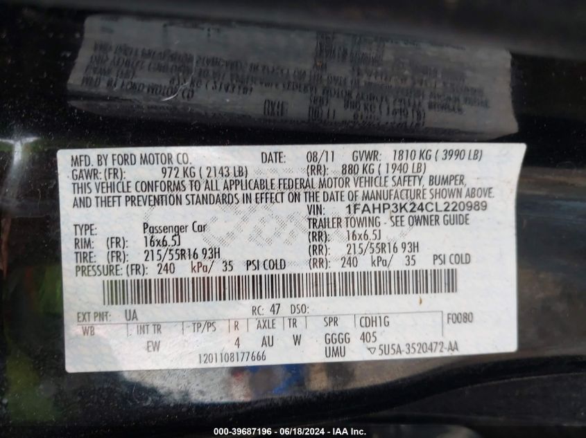 2012 Ford Focus Se VIN: 1FAHP3K24CL220989 Lot: 39687196