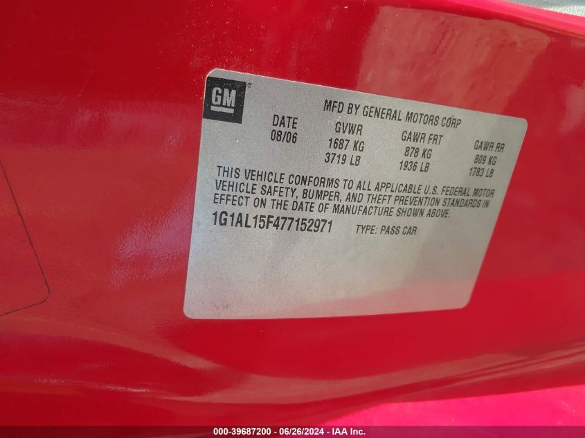 2007 Chevrolet Cobalt Lt VIN: 1G1AL15F477152971 Lot: 39687200