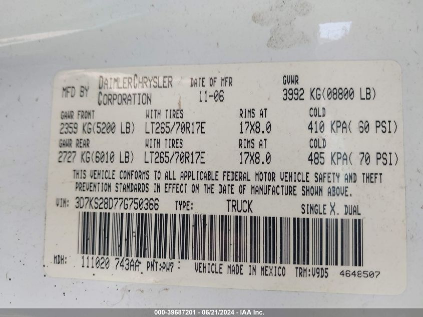 2007 Dodge Ram 2500 Slt/Sport VIN: 3D7KS28D77G750366 Lot: 39687201