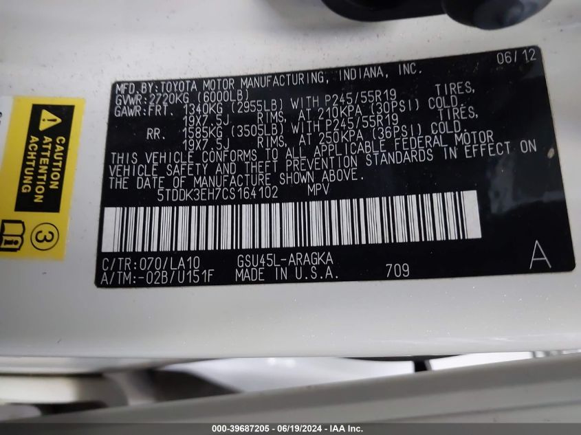 2012 Toyota Highlander Limited VIN: 5TDDK3EH7CS164102 Lot: 39687205