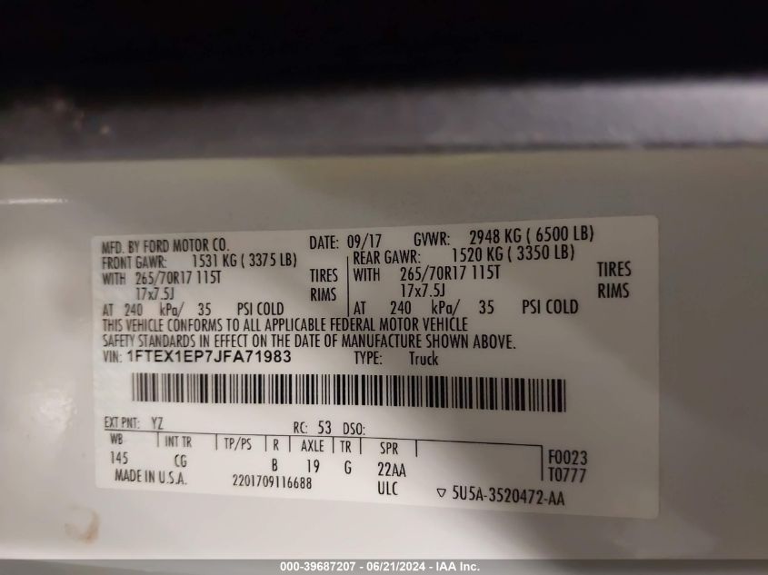 2018 Ford F-150 Xl VIN: 1FTEX1EP7JFA71983 Lot: 39687207