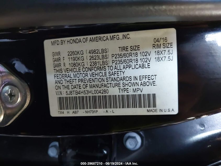 2017 Acura Rdx Technology Acurawatch Plus Packages/W/Technology Package VIN: 5J8TB4H53HL004280 Lot: 39687210