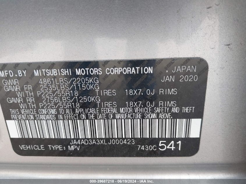 2020 Mitsubishi Outlander Se/Sel/Le VIN: JA4AD3A3XLJ000423 Lot: 39687218