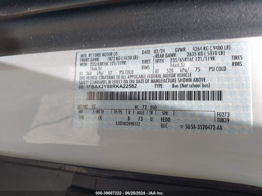 2024 Ford Transit-350 Passenger Van Xlt VIN: 1FBAX2Y88RKA22582 Lot: 39687222