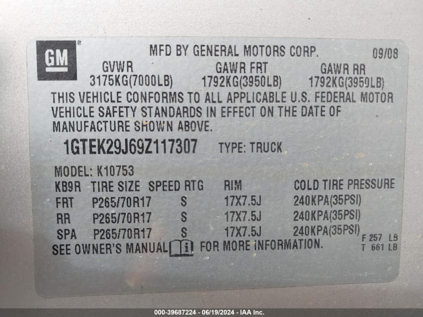 2009 GMC Sierra 1500 Sle VIN: 1GTEK29J69Z117307 Lot: 39687224