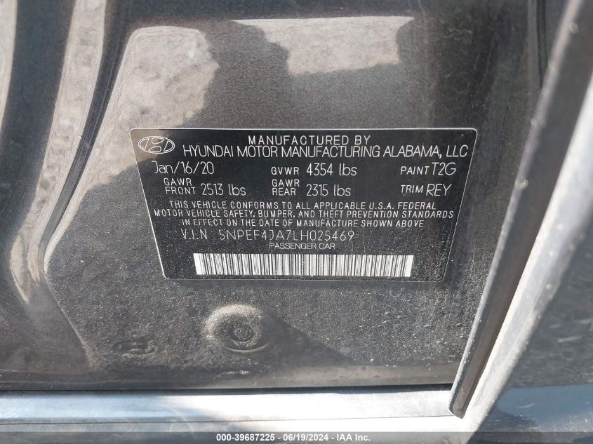 2020 Hyundai Sonata Sel VIN: 5NPEF4JA7LH025469 Lot: 39687225