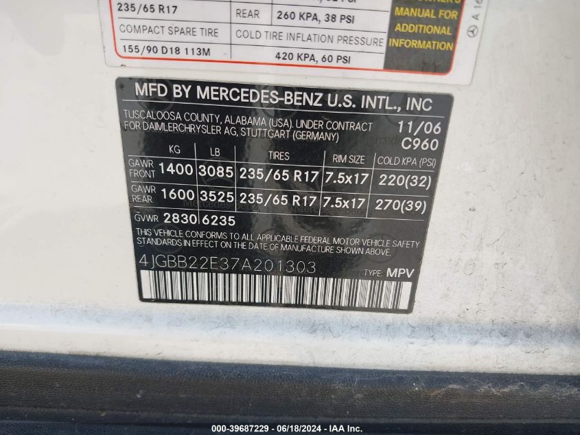 2007 Mercedes-Benz Ml 320 Cdi 4Matic VIN: 4JGBB22E37A201303 Lot: 39687229