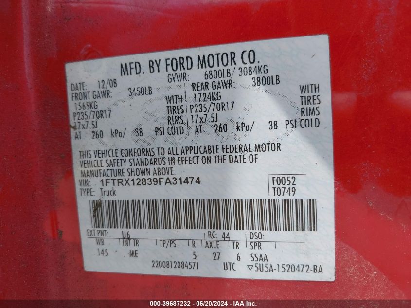 2009 Ford F-150 Stx/Xl/Xlt VIN: 1FTRX12839FA31474 Lot: 39687232