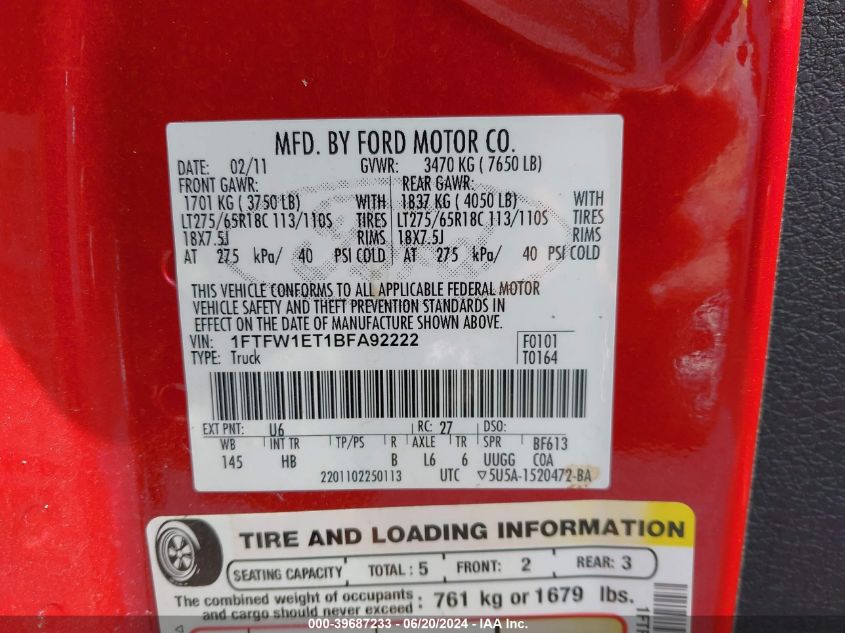 2011 Ford F150 Supercrew VIN: 1FTFW1ET1BFA92222 Lot: 39687233