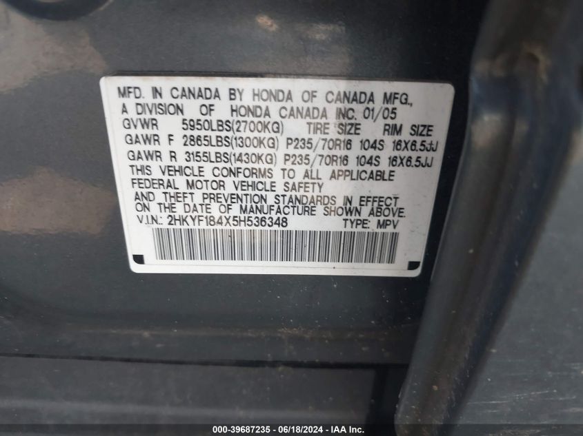 2005 Honda Pilot Ex VIN: 2HKYF184X5H536348 Lot: 39687235