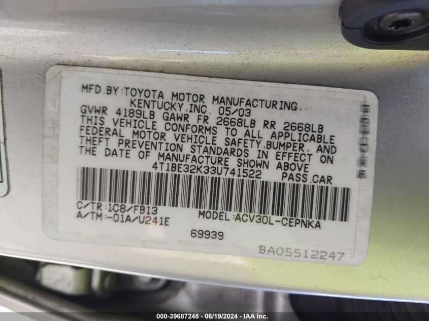 2003 Toyota Camry Le VIN: 4T1BE32K33U741522 Lot: 39687248