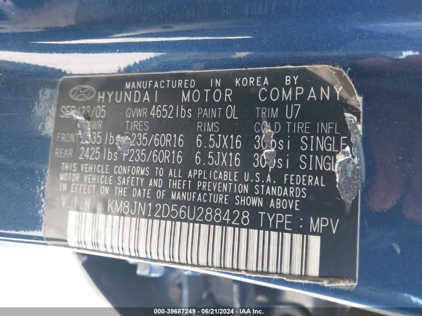 2006 Hyundai Tucson Gls/Limited VIN: KM8JN12D56U288428 Lot: 39687249