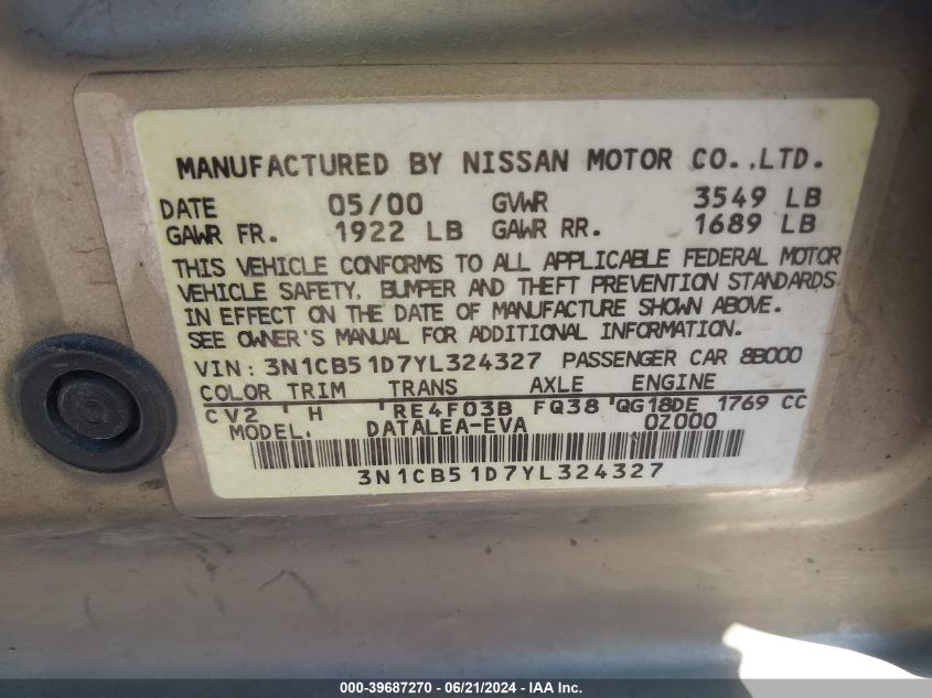 2000 Nissan Sentra Gxe/Xe VIN: 3N1CB51D7YL324327 Lot: 39687270