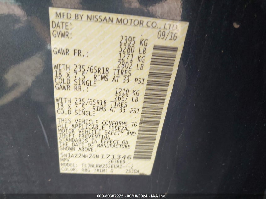 2016 Nissan Murano Sl VIN: 5N1AZ2MH2GN171346 Lot: 39687272