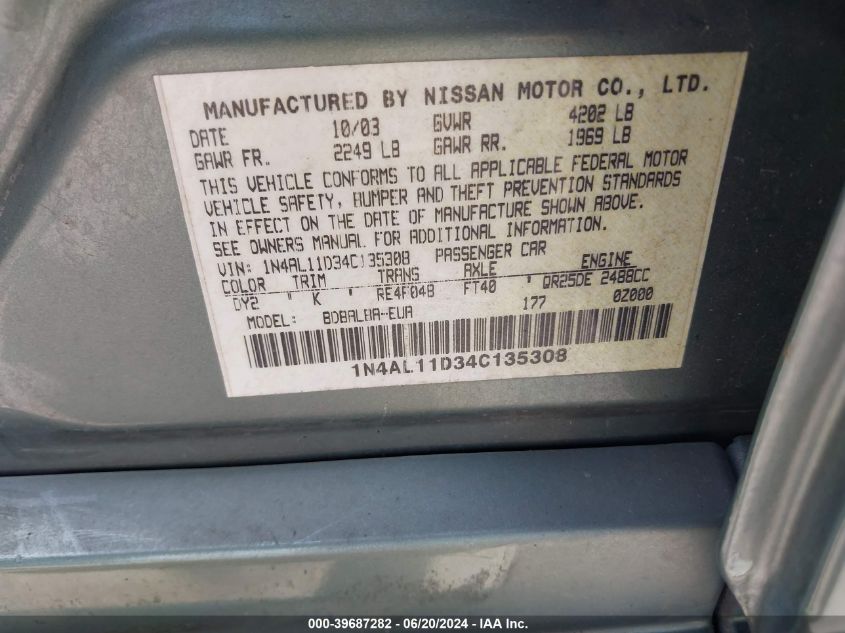 2004 Nissan Altima 2.5 S VIN: 1N4AL11D34C135308 Lot: 39687282