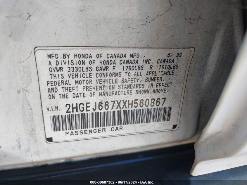 2HGEJ667XXH560867 1999 Honda Civic Lx