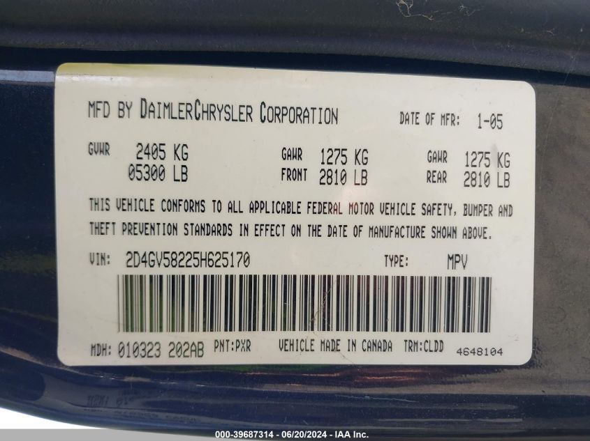 2005 Dodge Magnum Rt VIN: 2D4GV58225H625170 Lot: 39687314
