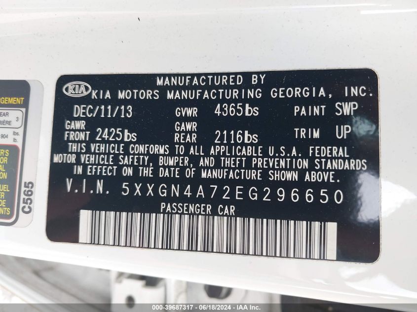 5XXGN4A72EG296650 2014 Kia Optima Ex